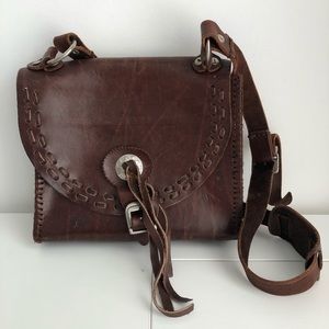 Vintage Brown Leather Whipstitch Flap Satchel Bag
